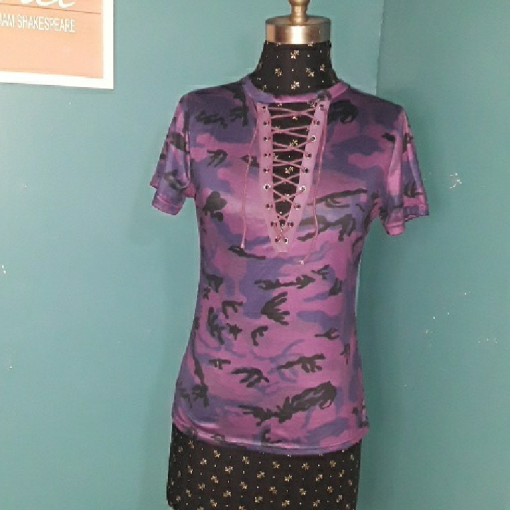Purple camo lace-up plunge top